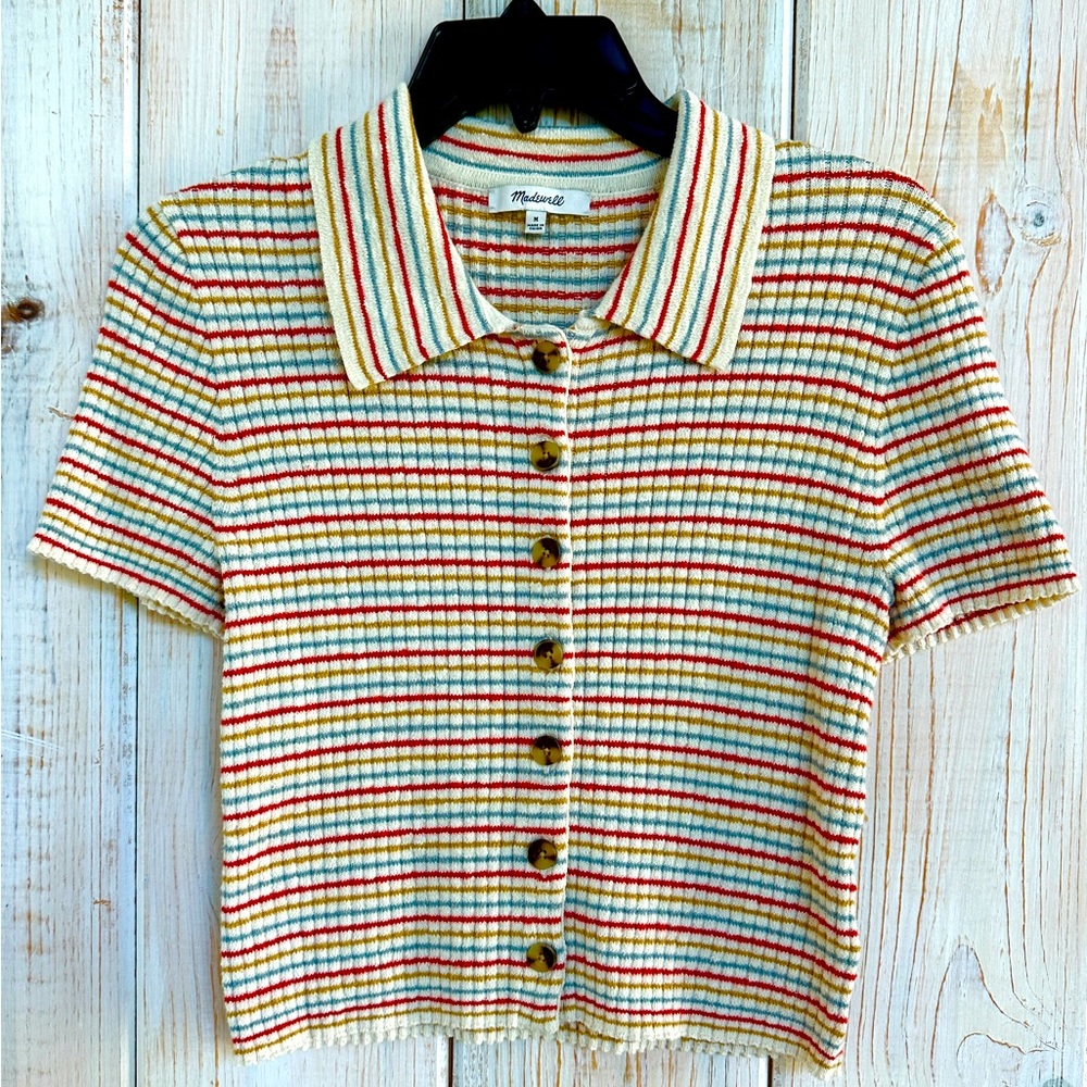 Madewell Barbrook Button-Front Sweater Polo in Stripe MEDIUM